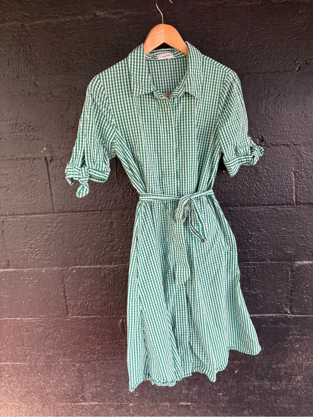 Calvin Klein Green & White Gingham Midi Shirt Dress with Tie Waist